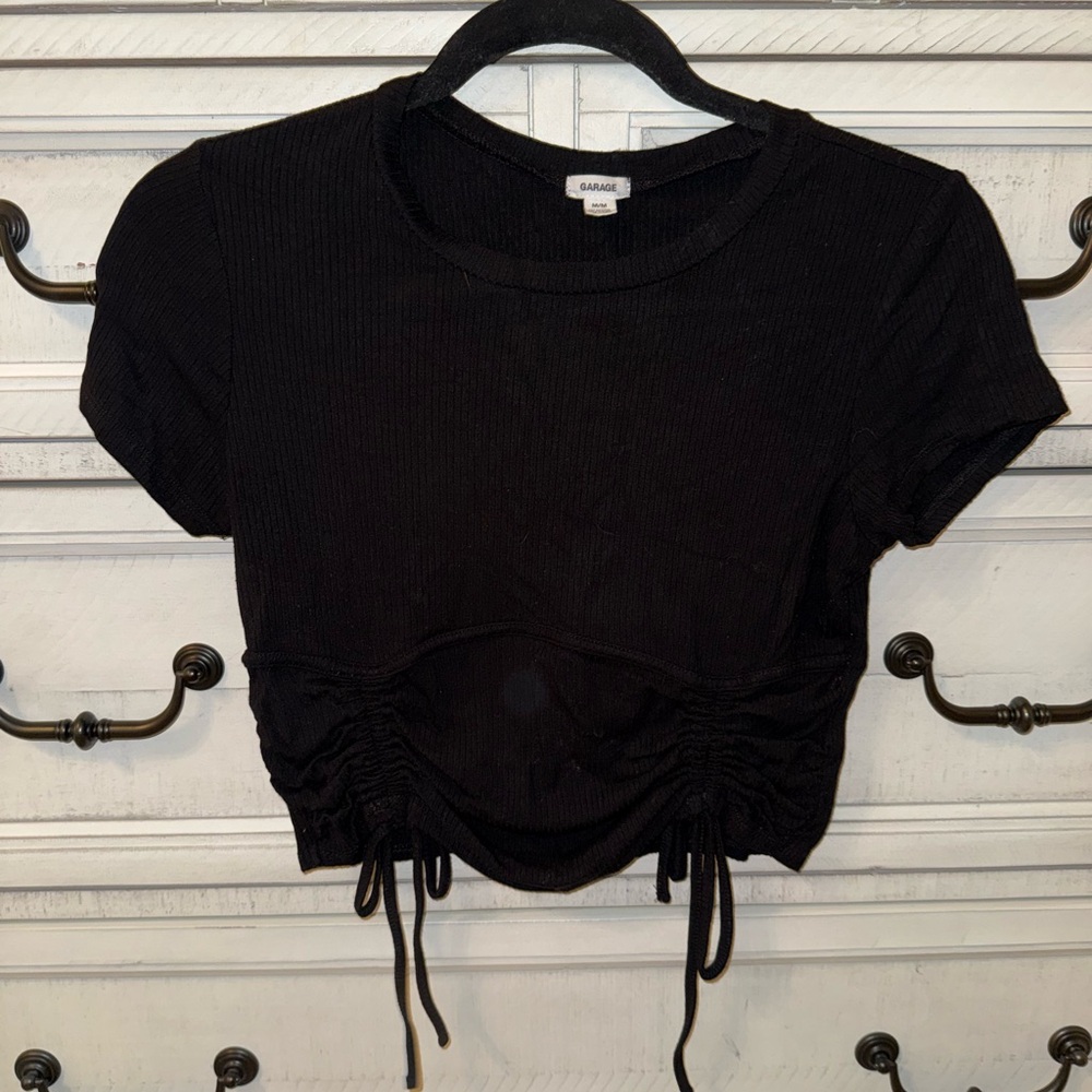 Garage Black Ribbed Drawstring Crop Top